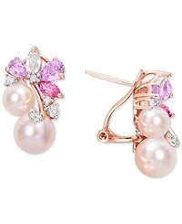 Pink Cultured Freshwater Pearl (6 & 8mm) Multi-Gemstone (2-5/8 ct. t.w.) Cluster Omega Back Earrings 18k Rose Gold Flash-Plated Sterling Silver