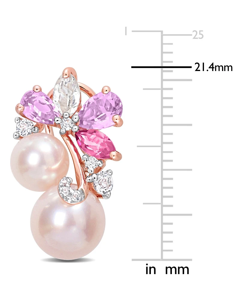 Pink Cultured Freshwater Pearl (6 & 8mm) & Multi-Gemstone (2-3/8 ct. t.w.) Flower Cluster Stud Earrings in 18k Gold-Plated Sterling Silver