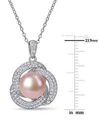 Pink Cultured Freshwater Pearl (10-1/2mm) & Cubic Zirconia Love Knot 18" Pendant Necklace in Sterling Silver