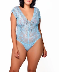 iCollection Plus Size Natalia Lace Mesh Plunge Teddy