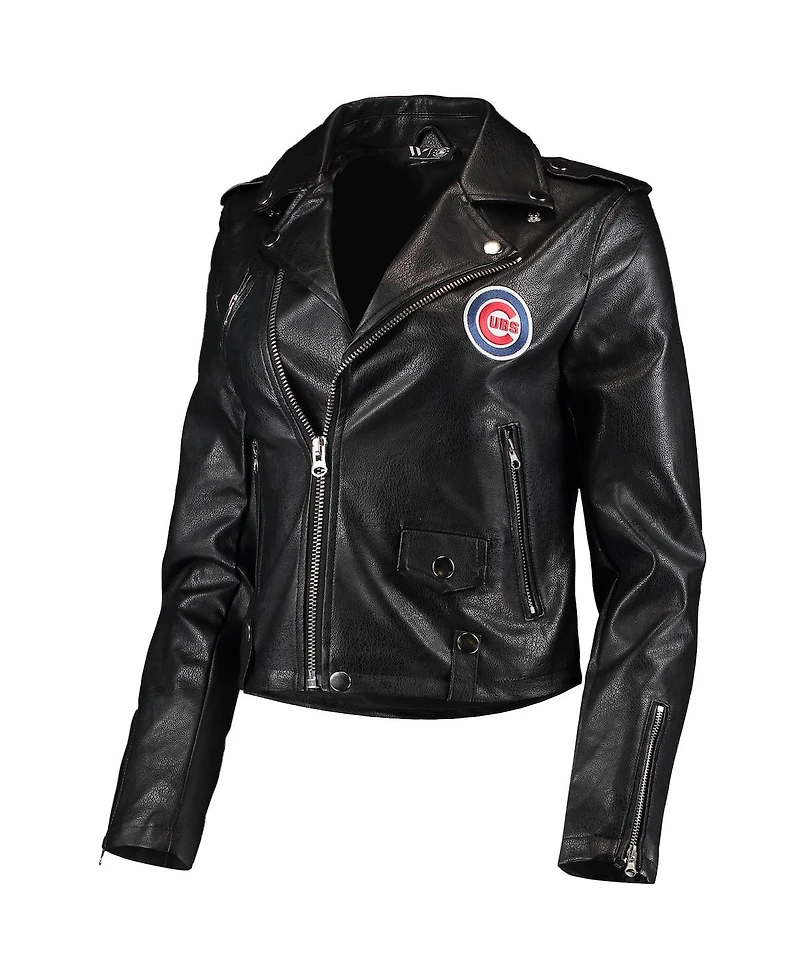 Women's The Wild Collective Black Chicago Cubs Faux Leather Moto Full-Zip Jacket
