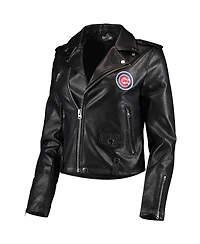 Women's The Wild Collective Black Chicago Cubs Faux Leather Moto Full-Zip Jacket