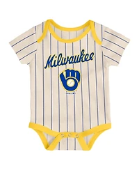 Baby Boys or Baby Girls Newborn Infant Royal and Gold and Cream Milwaukee Brewers Three-Pack Number One Bodysuit