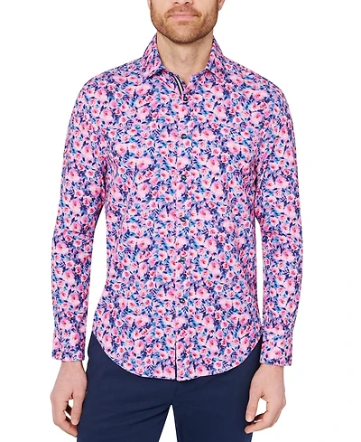 Society of Threads Men's Slim Fit Non-Iron Floral Print Performance Stretch Button-Down Shirt