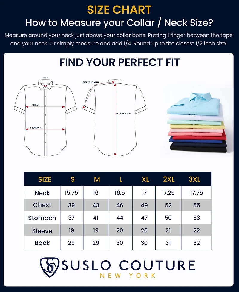 Suslo Couture Men's Slim Fit Performance Short Sleeves Solid Button Down Shirt