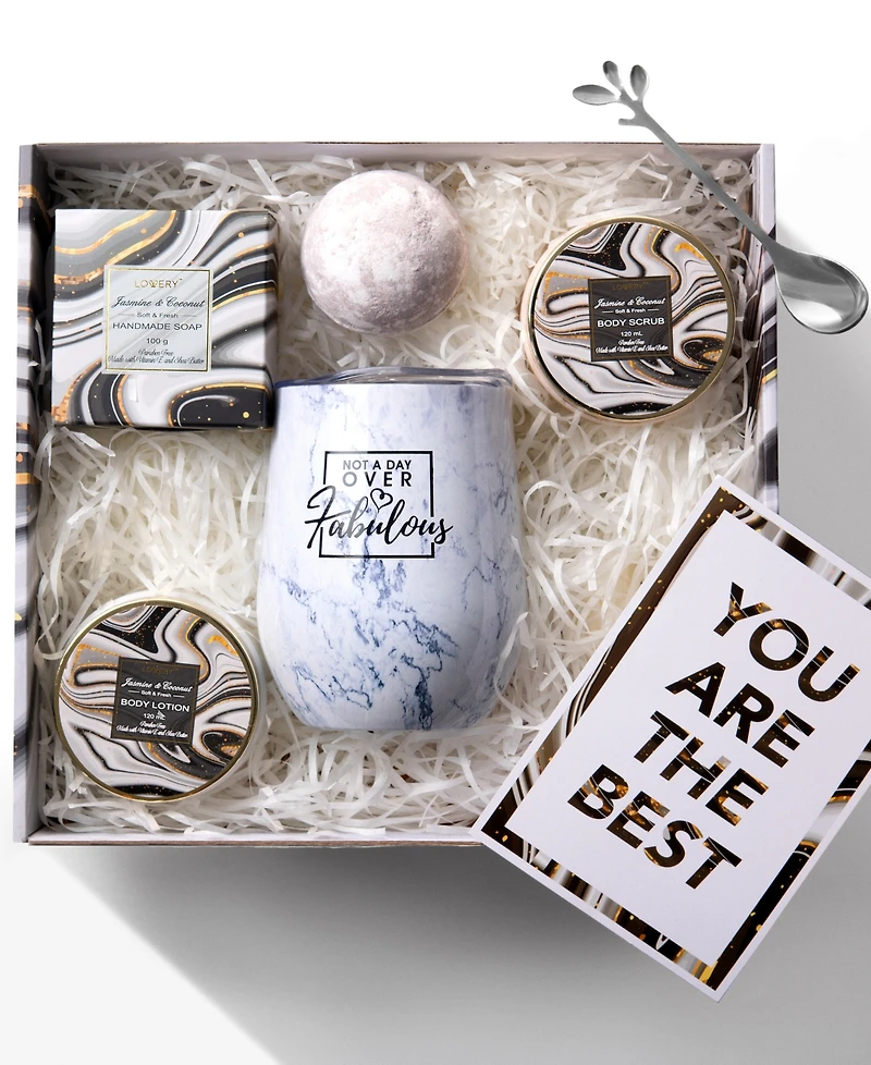 Wine Tumbler Spa Gift Basket, Personalized Gifts, Jasmine Coconut Bath and Body Care Set, 8 Piece