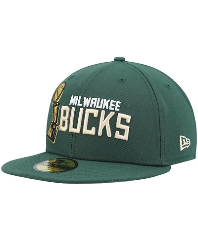 Men's New Era Hunter Green Milwaukee Bucks Champs Trophy 59Fifty Fitted Hat