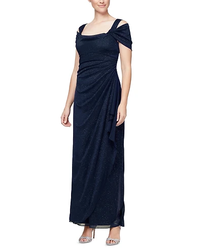 Alex Evenings Cold-Shoulder Draped Metallic Petite Gown