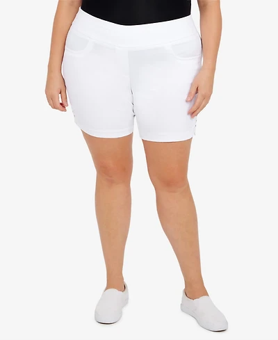 Plus Essentials Solid Color Tech Stretch Shorts with Elastic Waistband