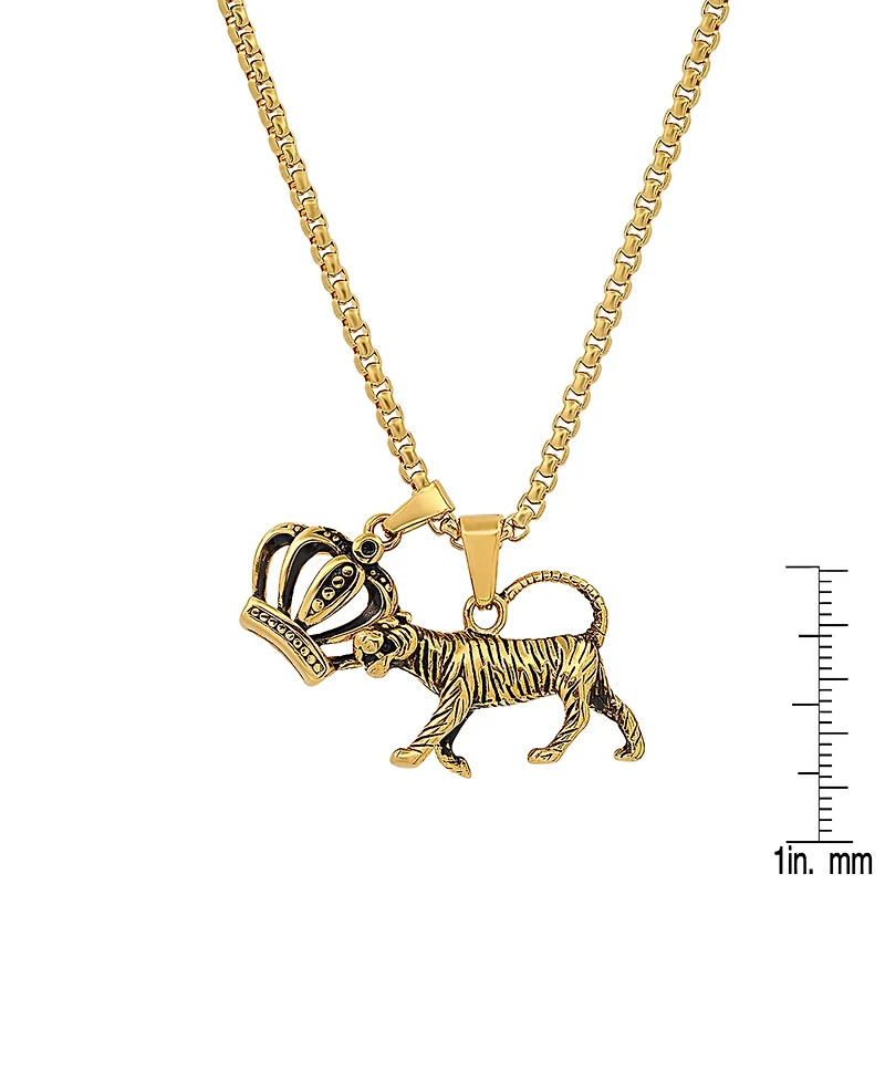 Steeltime Men's 18k Gold Plated Stainless Steel Tiger and Crown Pendant Necklaces
