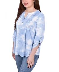 Ny Collection Women's Knit Jacquard 3/4 Sleeve Roll Tab Top