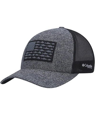 Men's Columbia Heathered Charcoal, Black Pfg Fish Flag Coolmax Trucker Snapback Hat