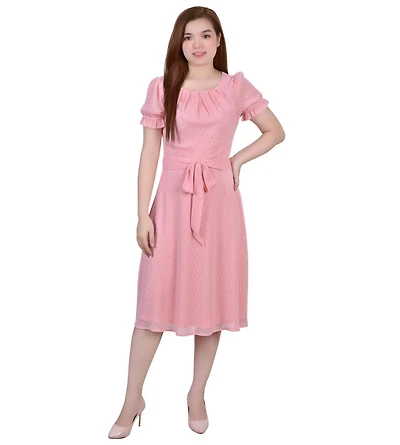 Ny Collection Petite Short Sleeve Belted Swiss Dot Dress