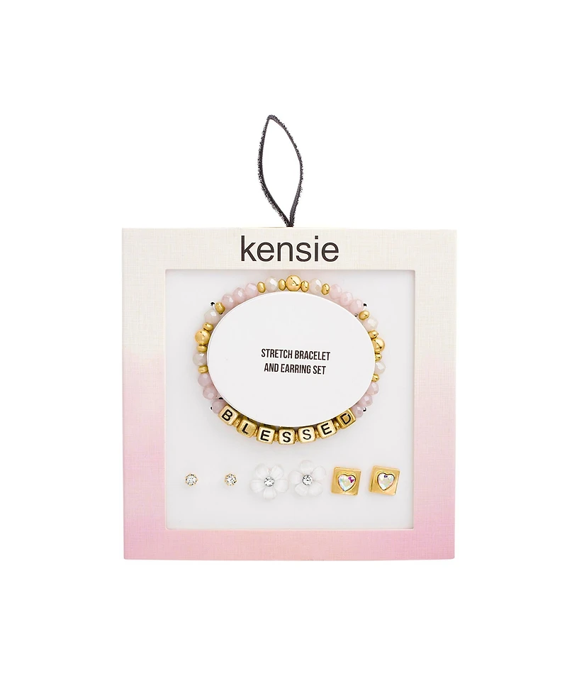 kensie Blessed Beaded Stretch Bracelet and Stud Earring Set
