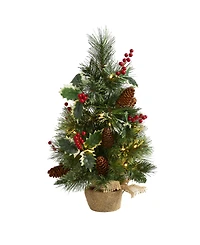 Mixed Pine Artificial Christmas Tree with Holly Berries, Pinecones Lights and Burlap Base, 18"