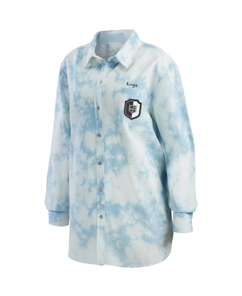 Women's Wear by Erin Andrews White Los Angeles Kings Oversized Tie-Dye Button-Up Denim Shirt