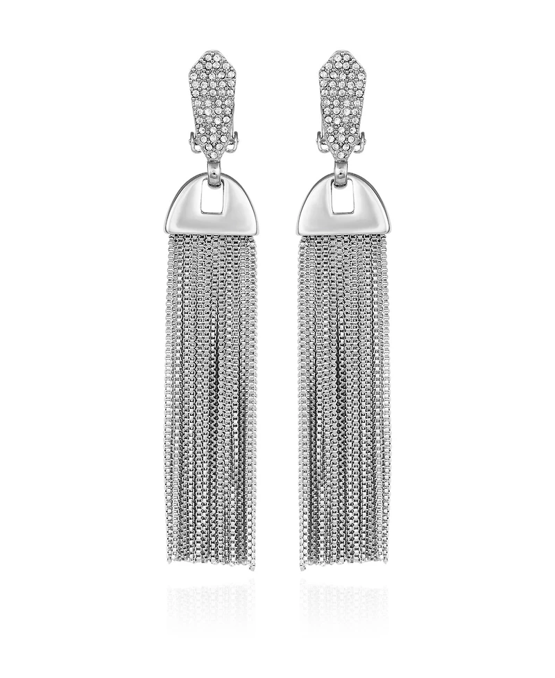 Vince Camuto Silver-Tone Pave Tassel Clip Drop Earrings
