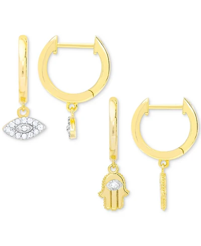 2-Pc. Set Diamond Evil Eye & Hamsa Hand Dangle Hoop Earrings (1/6 ct. t.w.) in 14k Gold-Plated Sterling Silver