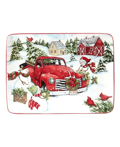 Certified International Red Truck Snowman Rectangular Platter