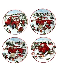 Certified International Red Truck Snowman 4 Piece Canape Plate Set