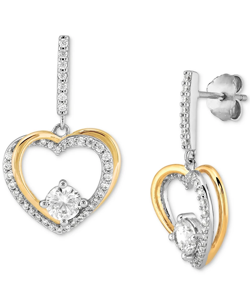Cubic Zirconia Heart Drop Earrings in Sterling Silver & 14k Gold-Plate