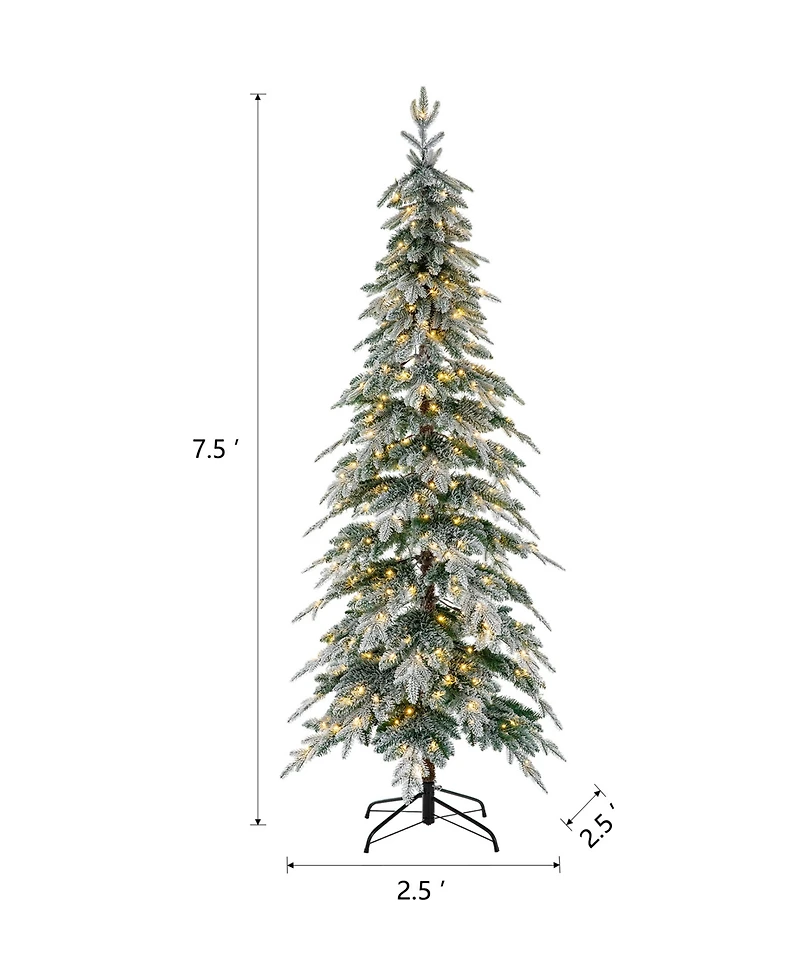Glitzhome 7.5' Pre-Lit Flocked Pencil Spruce Artificial Christmas Tree with 350 Warm White Lights