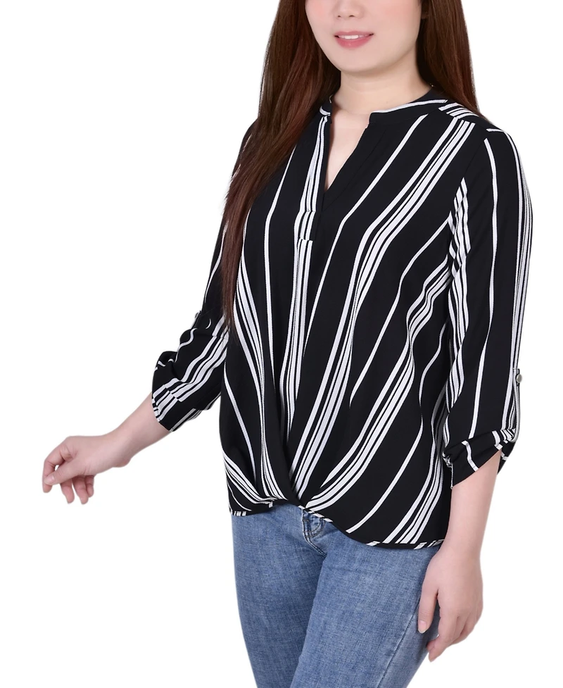 Petite 3/4 Push Tab Mandarin Collar Blouse with Front Pleats