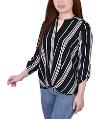 Petite 3/4 Push Tab Mandarin Collar Blouse with Front Pleats