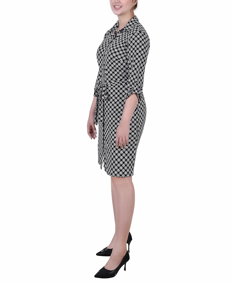 Ny Collection Petite Geometric Printed Long Sleeve Roll Tab Shirtdress