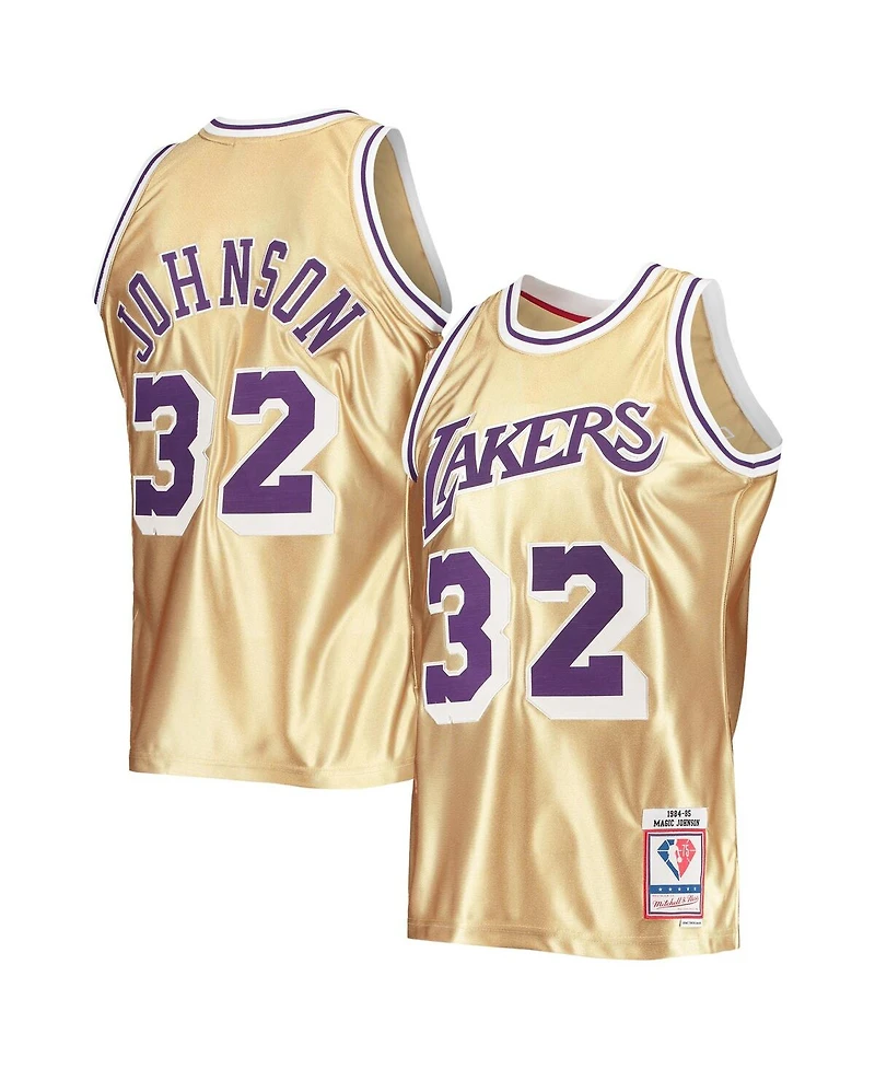 Men's Mitchell & Ness Magic Johnson Gold Los Angeles Lakers 75th Anniversary 1984-85 Hardwood Classics Swingman Jersey