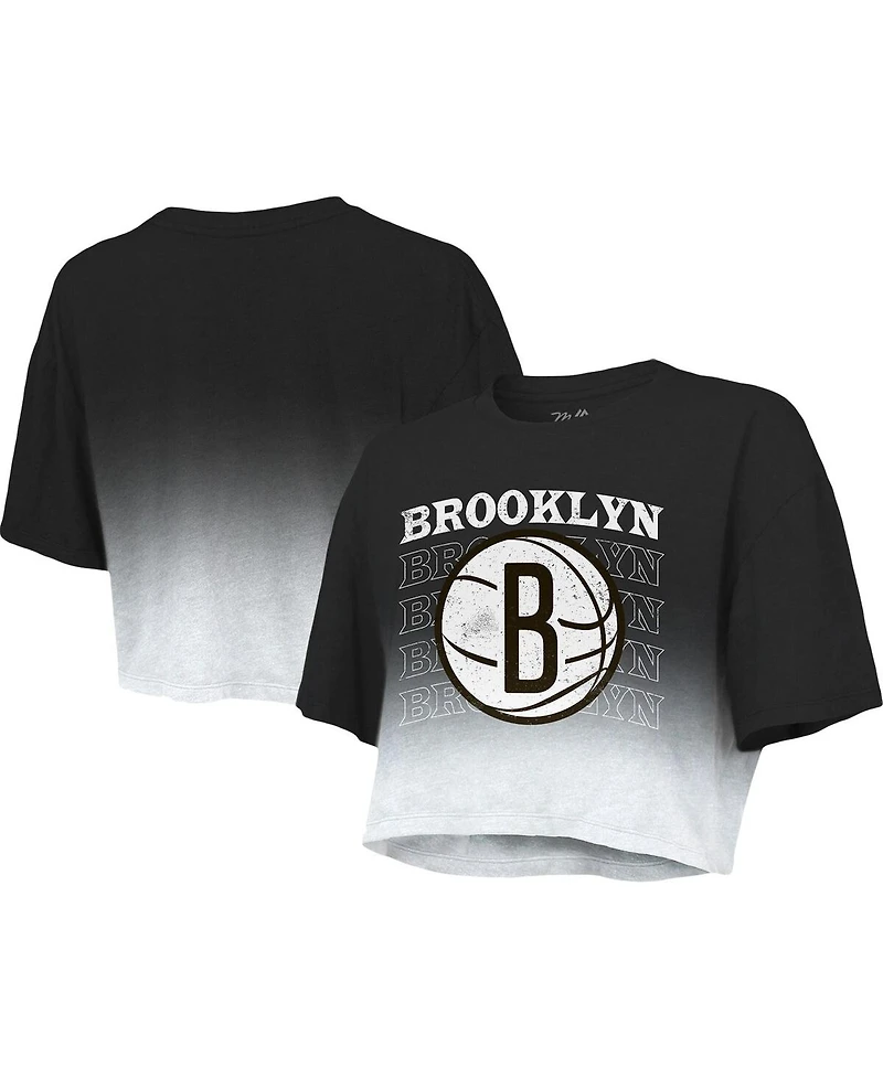 Women's Majestic Threads Black and White Brooklyn Nets Repeat Dip-Dye Cropped T-shirt