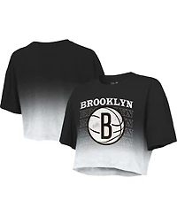 Women's Majestic Threads Black and White Brooklyn Nets Repeat Dip-Dye Cropped T-shirt