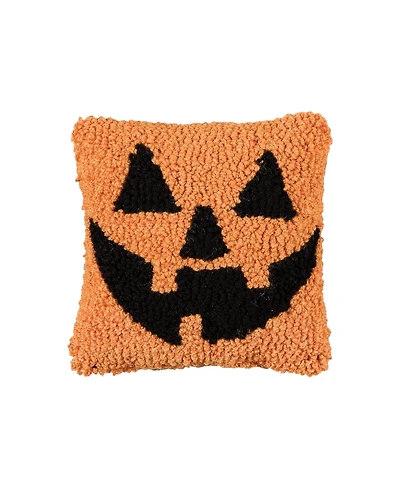 Smiling Jack O' Lantern Small Petite Hooked Halloween Accent Pillow 8" x 8"