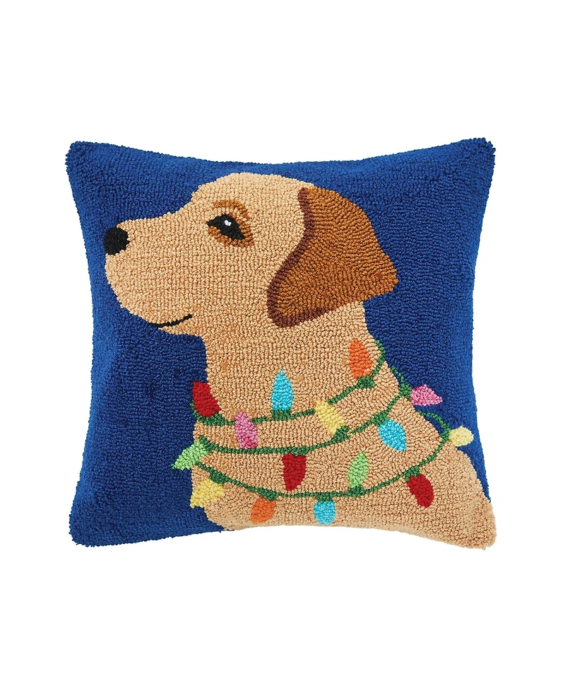 Golden Lab Dog w/ Christmas Lights Hooked Accent Throw Pillow 18" x 18"
