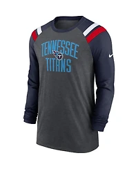 Men's Nike Heathered Charcoal, Navy Tennessee Titans Tri-Blend Raglan Athletic Long Sleeve Fashion T-shirt