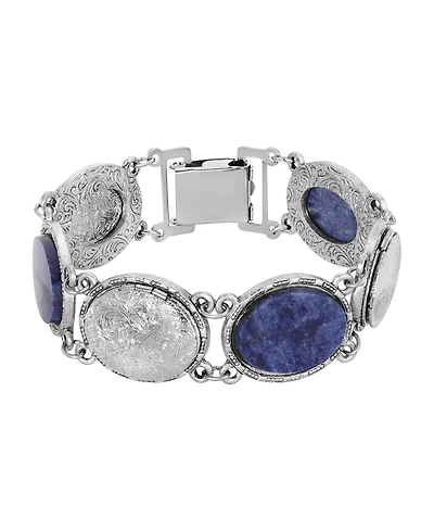 2028 Silver-Tone Oval Blue Semi Precious with Lockets Link Bracelet