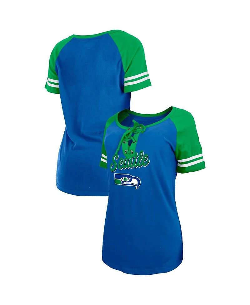 Women's New Era Royal, Green Seattle Seahawks Legacy Lace-Up Raglan T-shirt