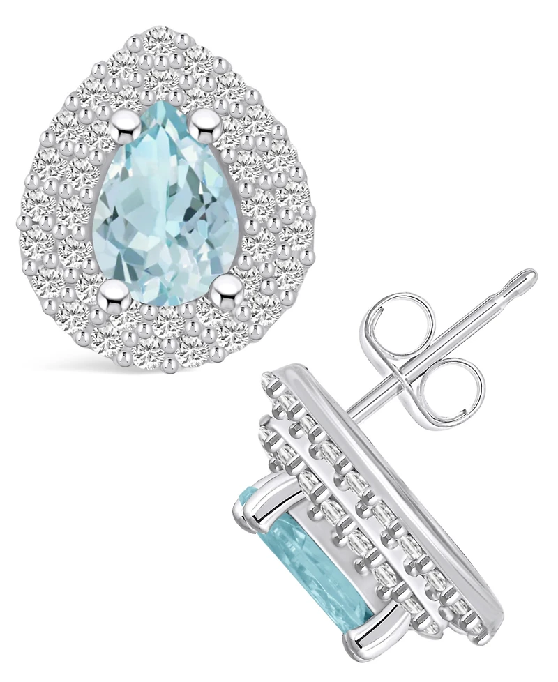 Macy's Aquamarine (1-1/5 ct. t.w.) and Diamond (5/8 ct. t.w.) Halo Stud Earrings in 14K Gold