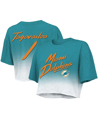 Women's Majestic Threads Tua Tagovailoa Aqua, White Miami Dolphins Drip-Dye Player Name and Number Tri-Blend Crop T-shirt
