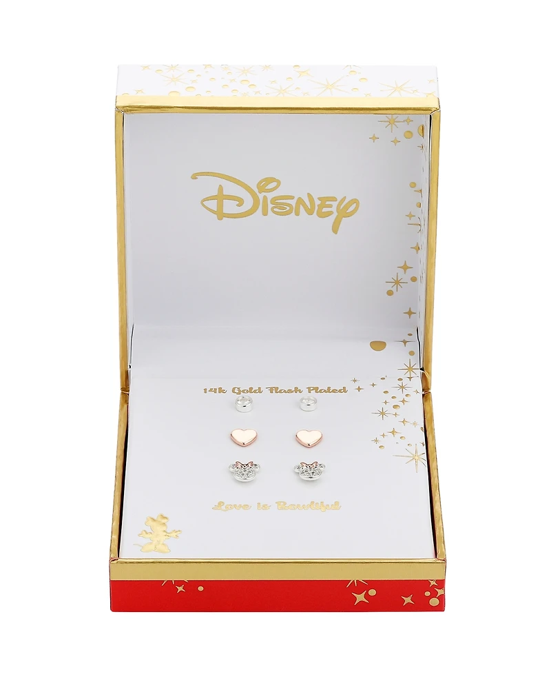 Disney Cubic Zirconia Minnie Mouse Earring (0.01 ct. t.w. / 0.43 ct. t.w.) in 14K Gold Flash Plated Set 3 Piece