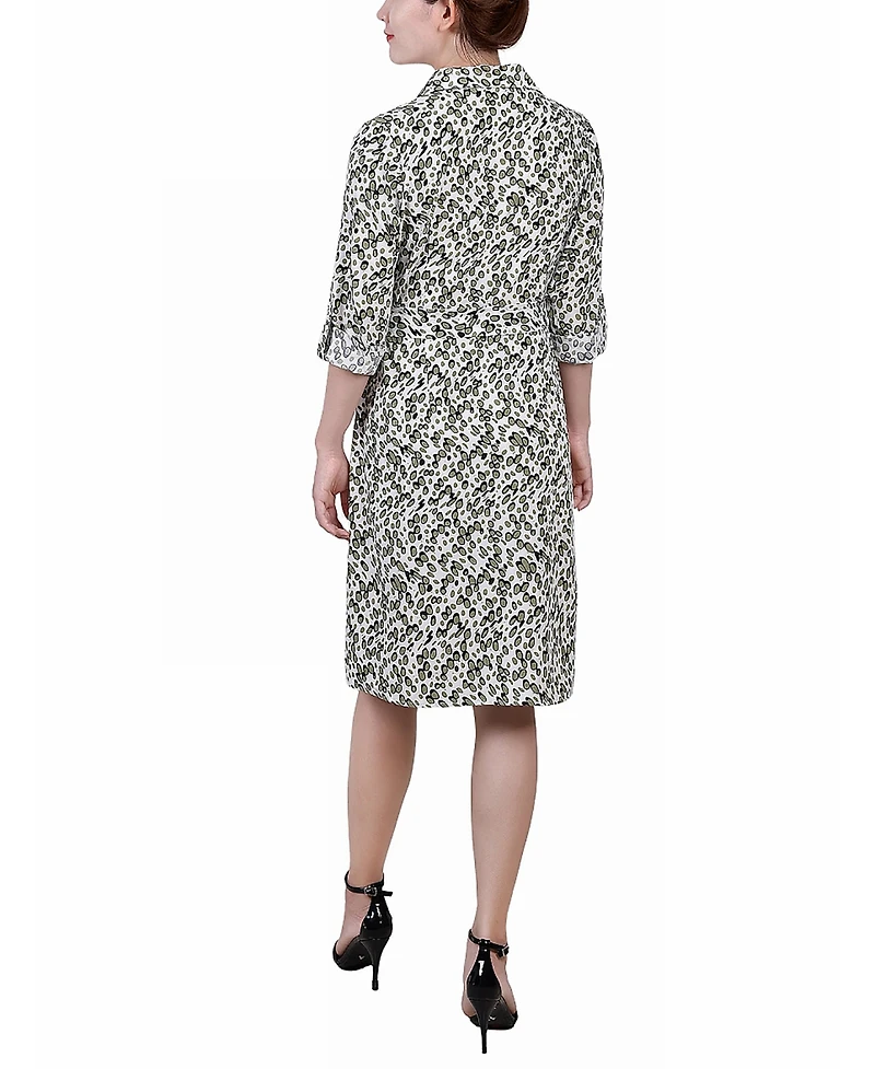 Ny Collection Petite Printed Long Sleeve Roll Tab Shirtdress