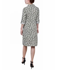 Ny Collection Petite Printed Long Sleeve Roll Tab Shirtdress