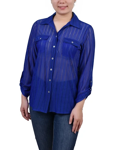 Ny Collection Petite Long Roll Tab Sleeve Burnout Knit Top