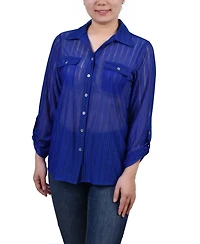 Ny Collection Petite Long Roll Tab Sleeve Burnout Knit Top