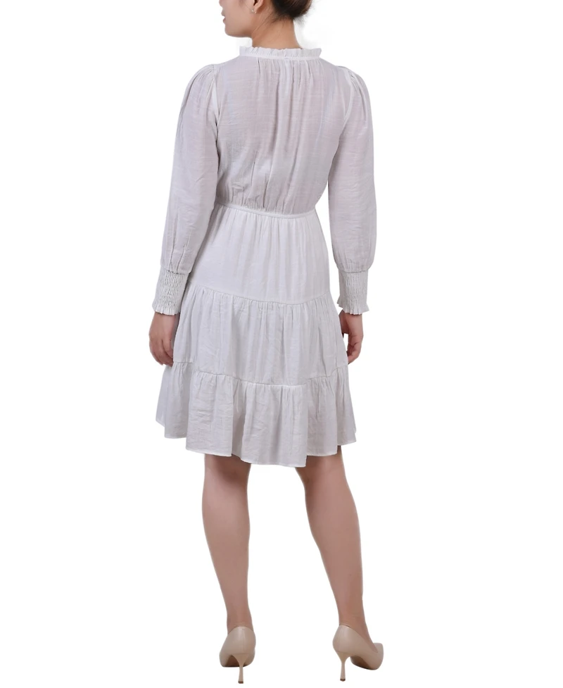 Ny Collection Petite Long Sleeve Tiered Dress with Ruffled Neck