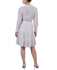 Ny Collection Petite Long Sleeve Tiered Dress with Ruffled Neck