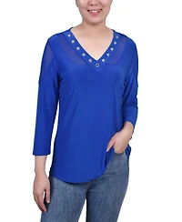 Ny Collection Petite Long Sleeve Top with Mesh Insets
