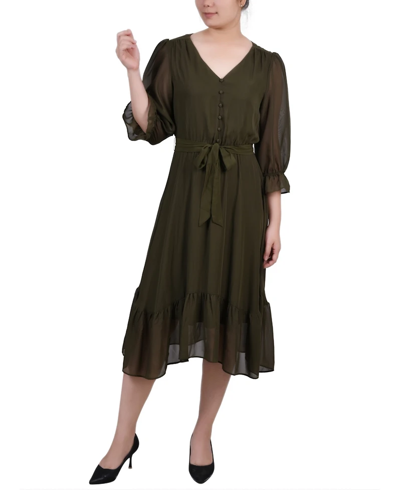 Ny Collection Petite 3/4 Sleeve V-neck Flounced Dress