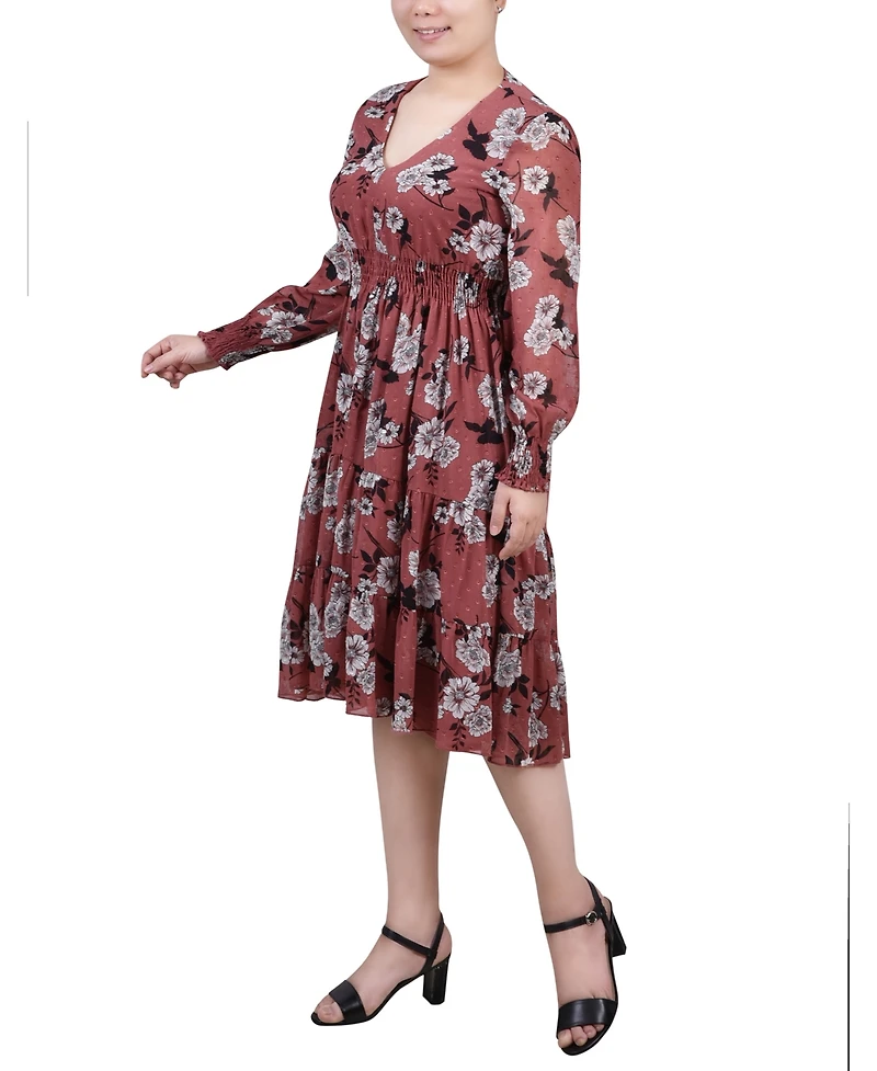 Women's Long Sleeve Clip Dot Chiffon Dress with Smocked Waist and Cuffs