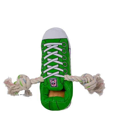 Squeaking Comfort Plush Sneaker Dog Toy – Rope, Squeaker & Treat Compartment, Safe & Durable – Green